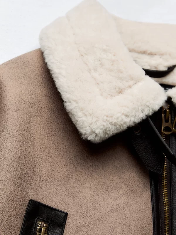 Women's Retro Faux Leather Jacket Fur Trim Streetwear Coat - Image 4