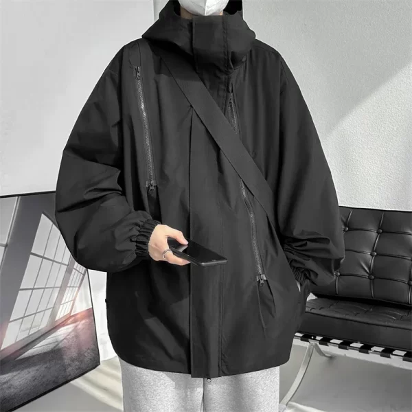 Men's Hooded Bomber Jacket Loose Fit Windbreaker Zipper - Image 12