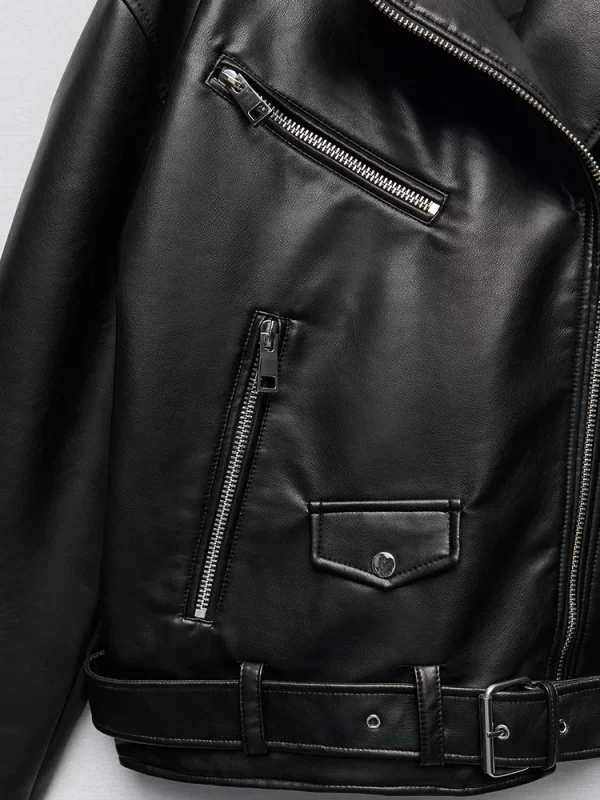 Women's Faux Leather Biker Jacket Black Belted Zipper Coat - Image 3