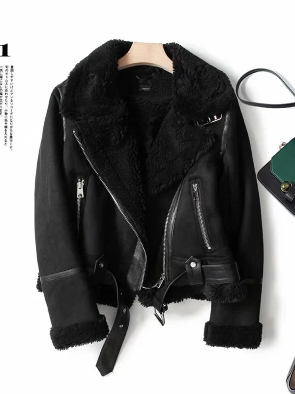 Women's Faux Shearling Leather Jacket Winter Warm Brown - Image 3