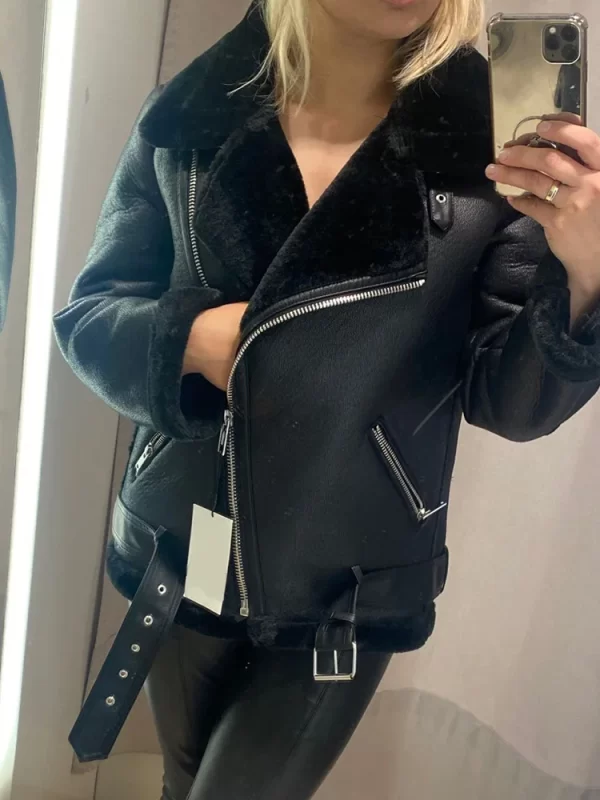 Women's Faux Leather Fur Aviator Jacket Winter Warm Coat - Image 2