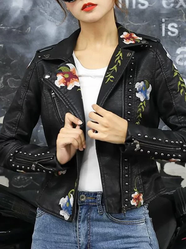 Women's Vintage Floral PU Leather Jacket Punk Moto Style - Image 4