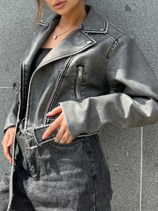 Women's Vintage Faux Leather Jacket Moto Biker Belted Coat - Image 3