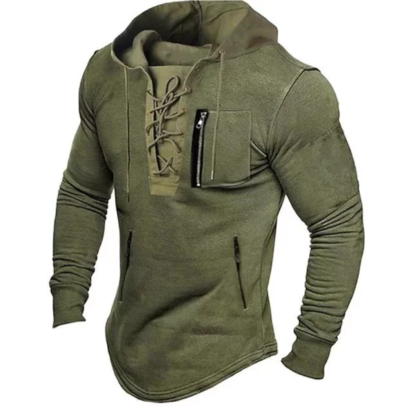 Men's Lace-Up Hoodie Mid-Length Zipper Pockets Pullover - Image 4