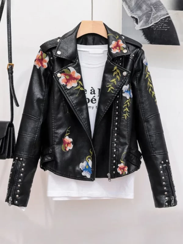 Women's Vintage Floral PU Leather Jacket Punk Moto Style - Image 5