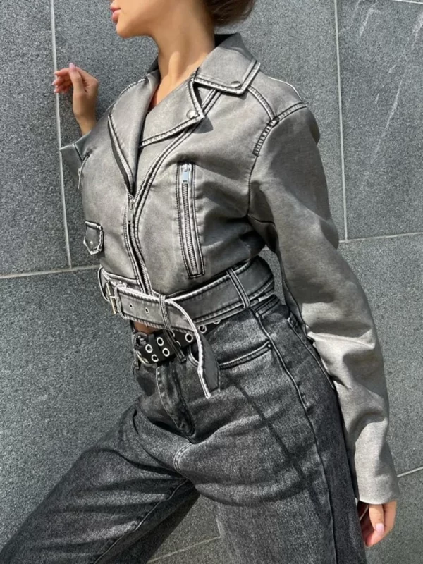 Women's Vintage Faux Leather Jacket Moto Biker Belted Coat - Image 5