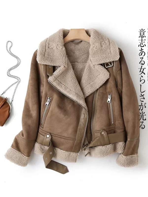 Women's Faux Shearling Leather Jacket Winter Warm Brown