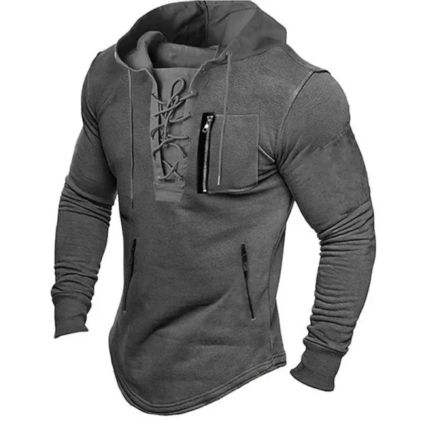 Men's Lace-Up Hoodie Mid-Length Zipper Pockets Pullover