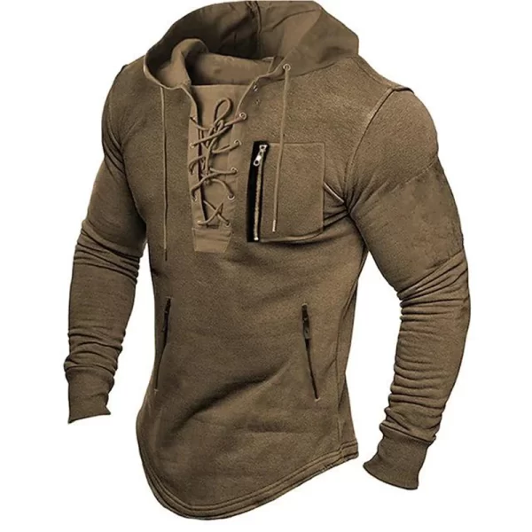 Men's Lace-Up Hoodie Mid-Length Zipper Pockets Pullover - Image 2