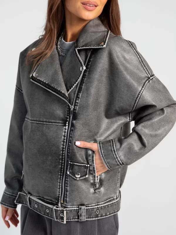 Women's Vintage Faux Leather Jacket Streetwear Belted Coat - Image 4