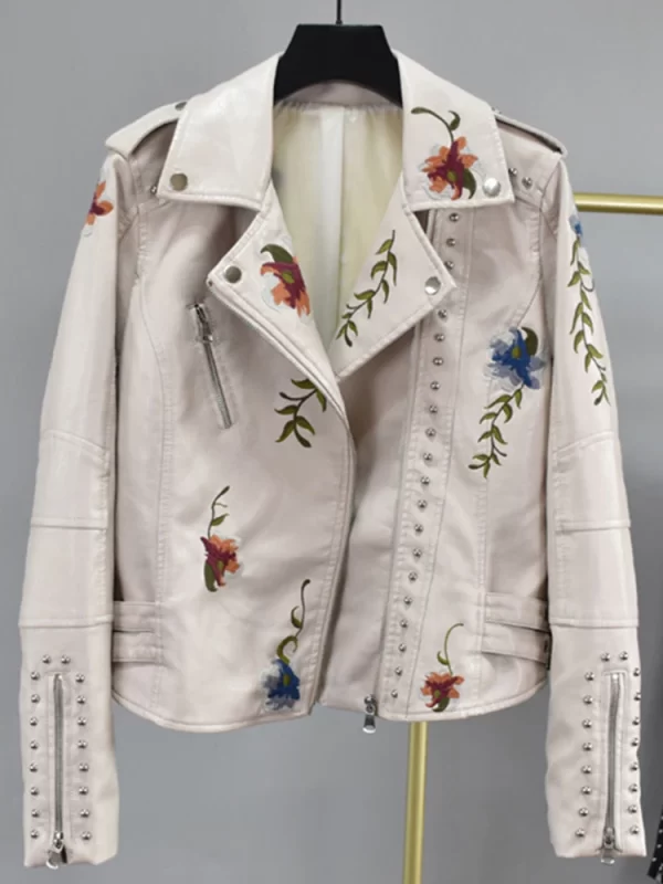 Women's Vintage Floral PU Leather Jacket Punk Moto Style - Image 8