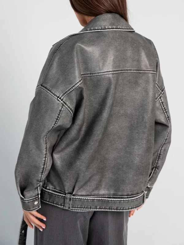 Women's Vintage Faux Leather Jacket Streetwear Belted Coat - Image 5
