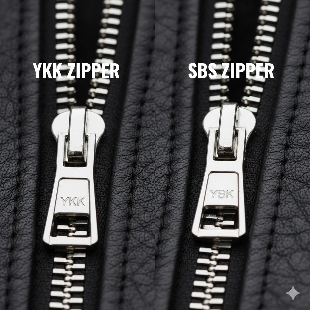 ykk vs sbs zippers leather jacket close up slider teeth
