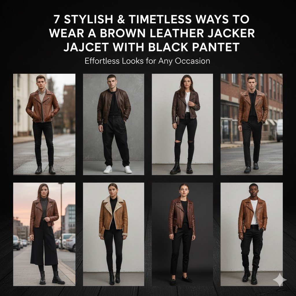 brown leather jacket with black pants