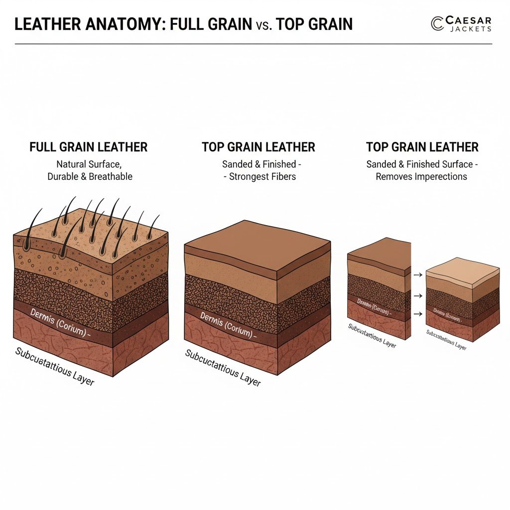 Cross section diagram showing top grain vs full grain leather layers