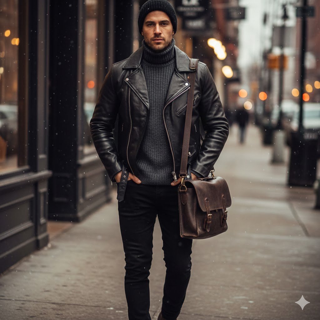 Model wearing a black leather jacket over a grey wool turtleneck sweater for a winter layering look