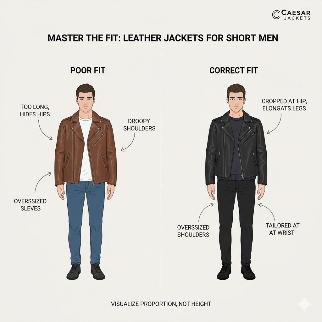 Comparison showing a poorly fitted vs correctly fitted leather jacket for short men to improve height perception