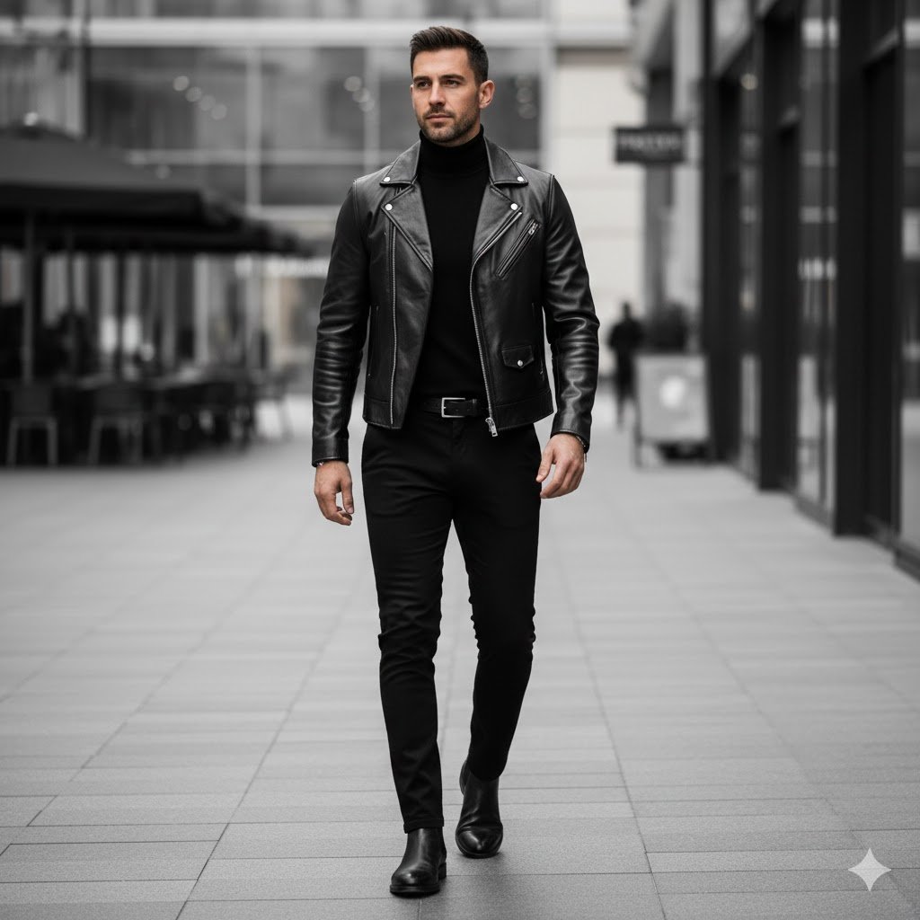 Comparison showing a poorly fitted vs correctly fitted leather jacket for short men to improve height perception