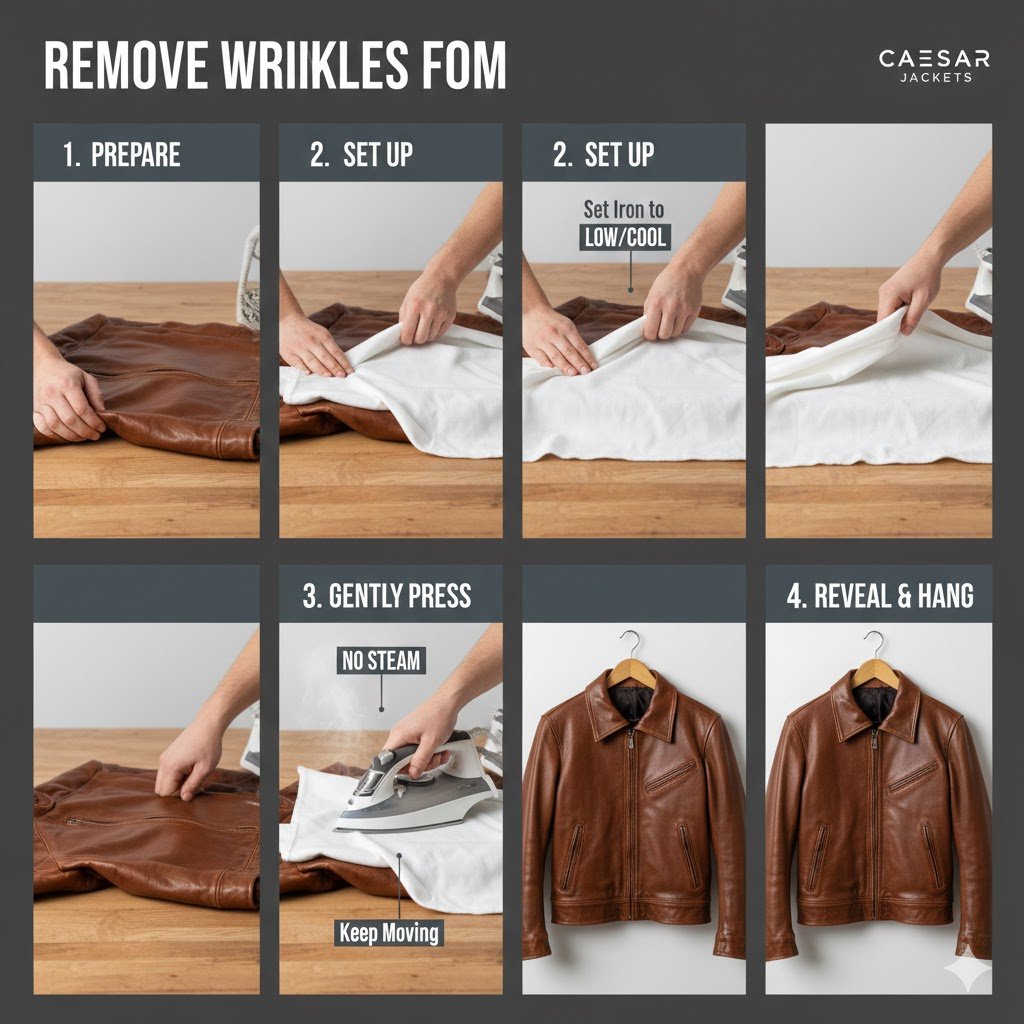 Step-by-step demonstration on how to remove wrinkles from leather using a cool iron and protective cloth barrier