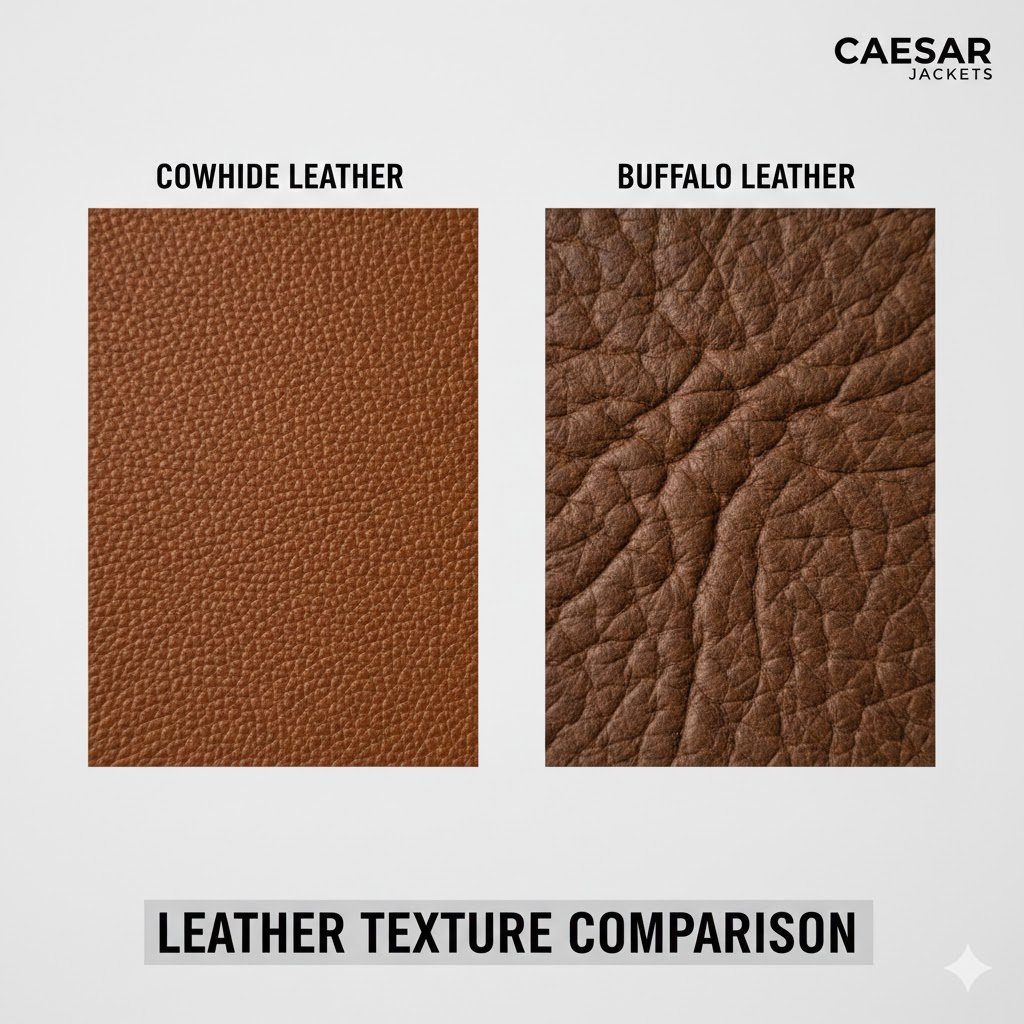 Close-up texture comparison of cowhide vs buffalo leather grain patterns for jacket selection