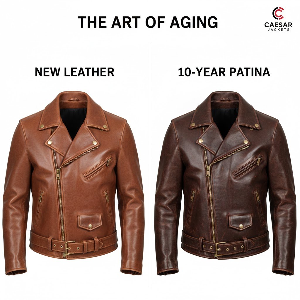 Visual comparison of the leather jacket aging process showing new leather vs a 10-year patina
