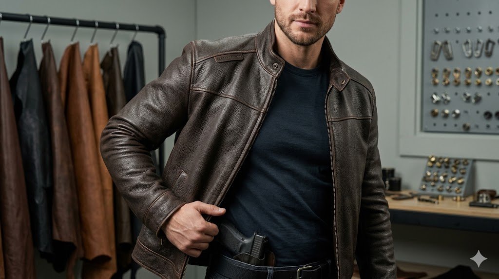 Man demonstrating the best leather jacket for concealed carry with a structured cowhide frame to prevent printing