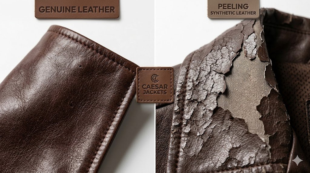 Side by side comparison of real leather vs vegan leather durability showing peeling synthetic vs aged genuine patina