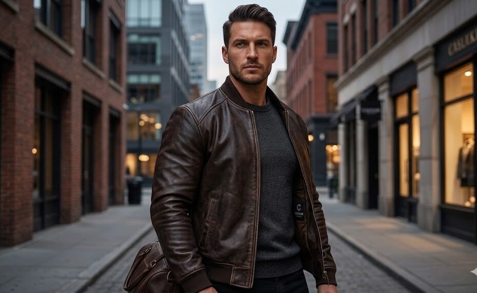Athletic man wearing the best leather jacket for broad shoulders men with perfect shoulder seam alignment