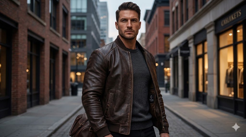 Athletic man wearing the best leather jacket for broad shoulders men with perfect shoulder seam alignment
