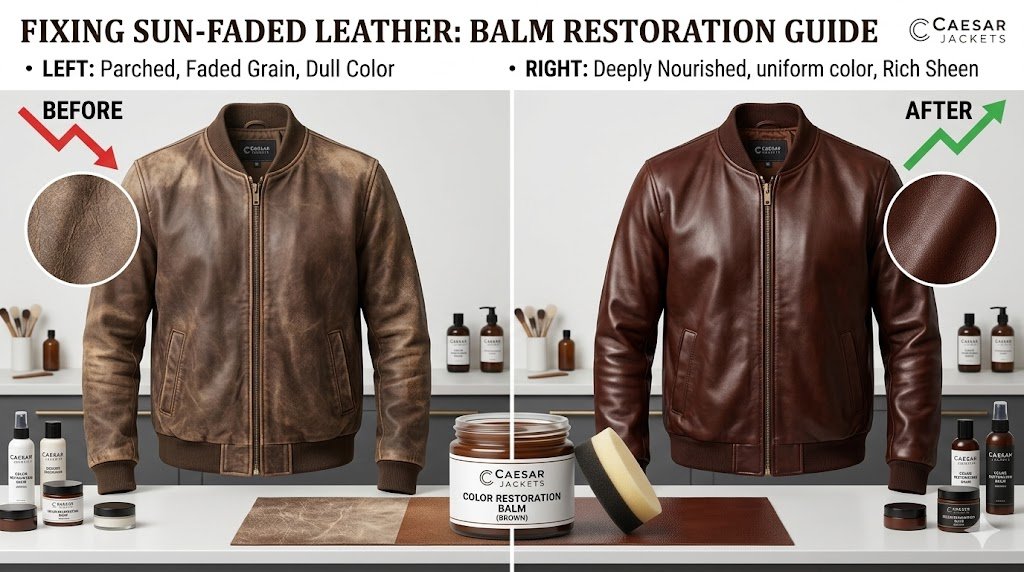 Before and after comparison of how to fix sun faded leather jacket using color restoration balm