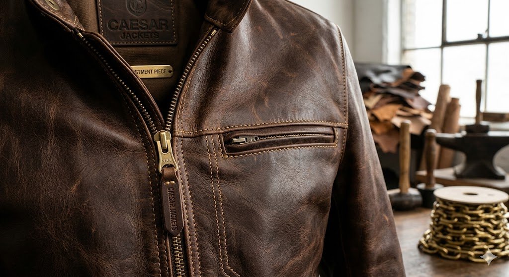 Detailed craftsmanship of a full grain investment piece leather jacket showing patina potential and YKK hardware