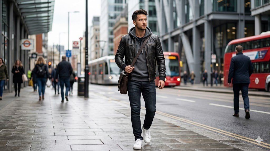 Professional male model demonstrating the modern leather jacket with hoodie aesthetic in an urban street setting