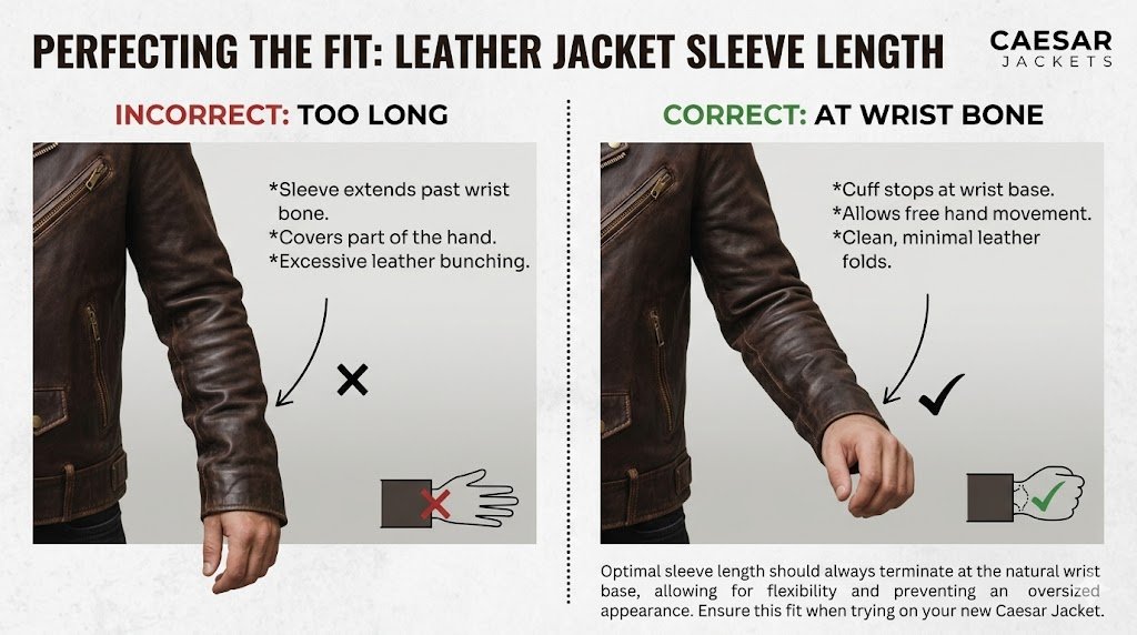 Visual guide on how to fix leather jacket sleeve length too long through natural elbow creasing and stacking