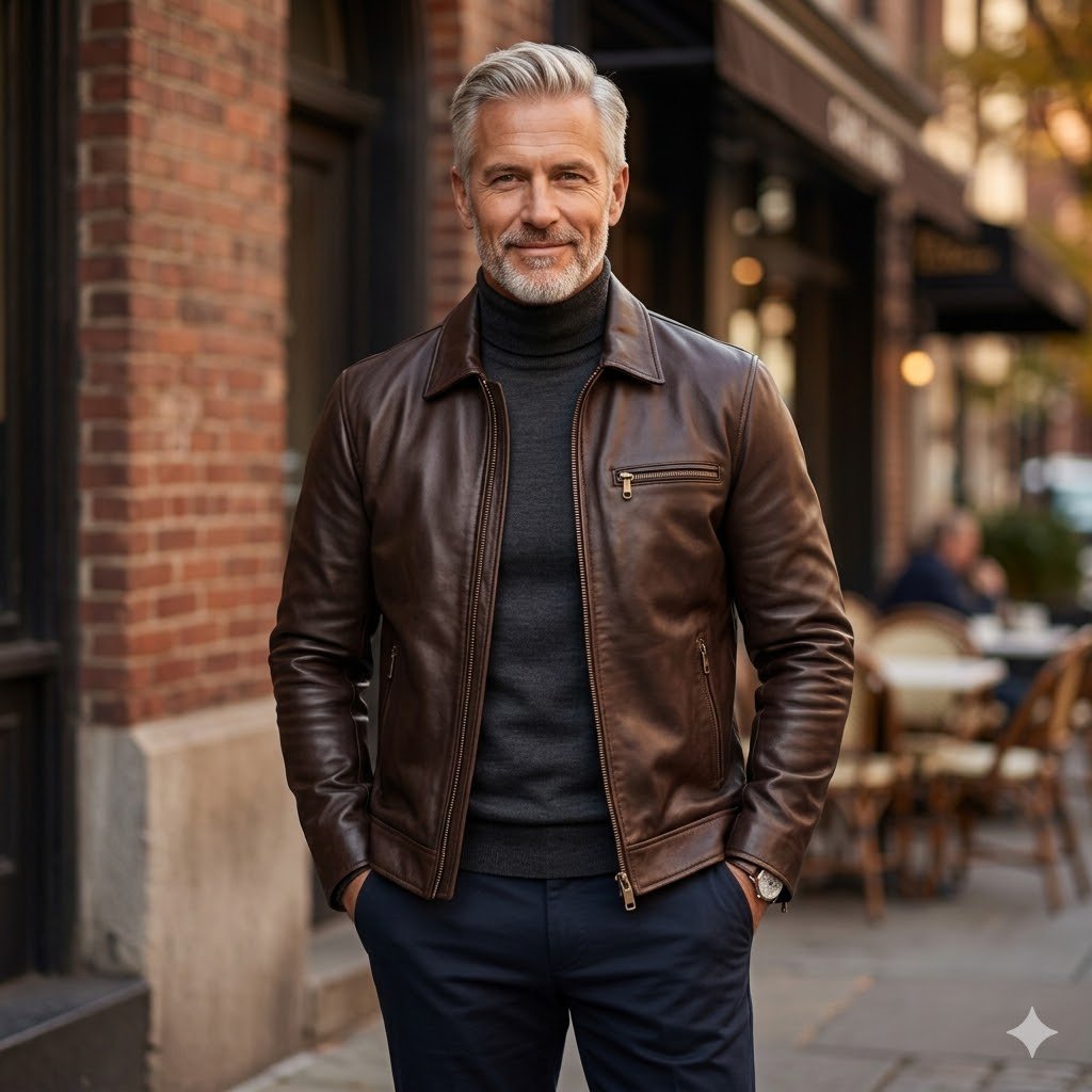 Mature gentleman wearing the best leather jacket for older men in a sophisticated chocolate brown cafe racer style