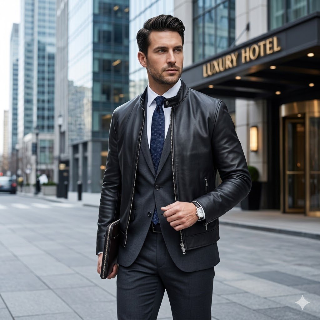 Modern professional man styling a leather jacket with a suit for a high-end business formal look