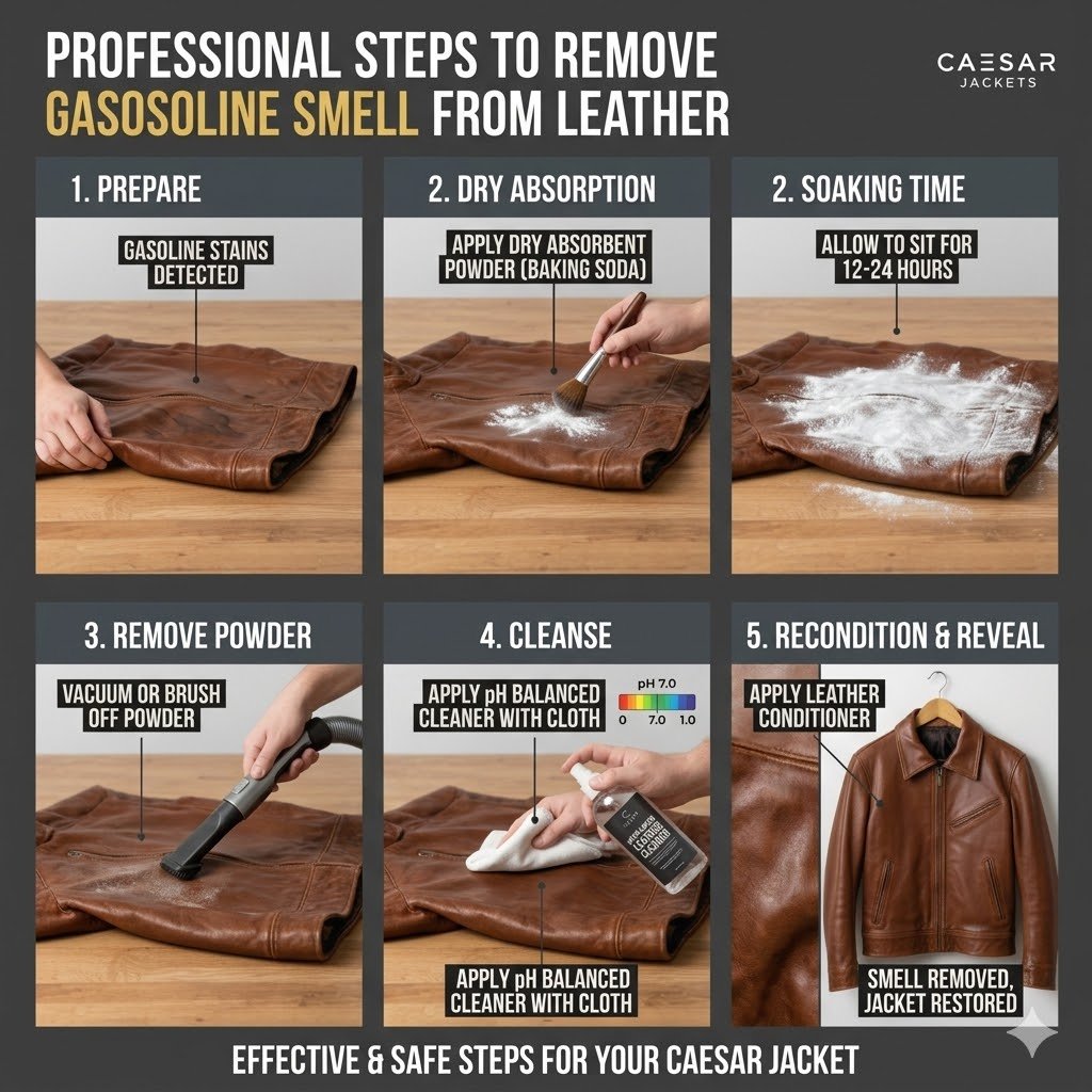Professional steps on how to remove gasoline smell from leather using dry absorption and pH balanced cleaners