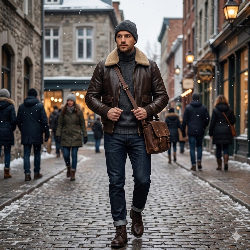 Modern male model demonstrating a classic leather jacket with shearling collar outfit for a winter street look