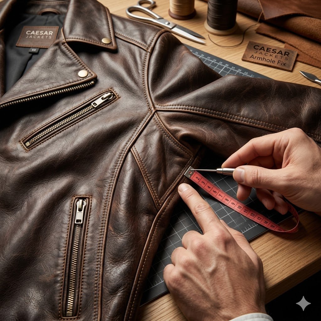 Detailed view of leather jacket underarm construction to fix leather jacket armholes too tight issues