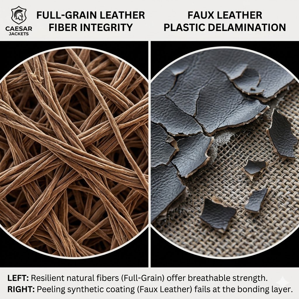 Microscopic comparison of leather jacket vs faux leather peeling showing fiber integrity vs plastic delamination