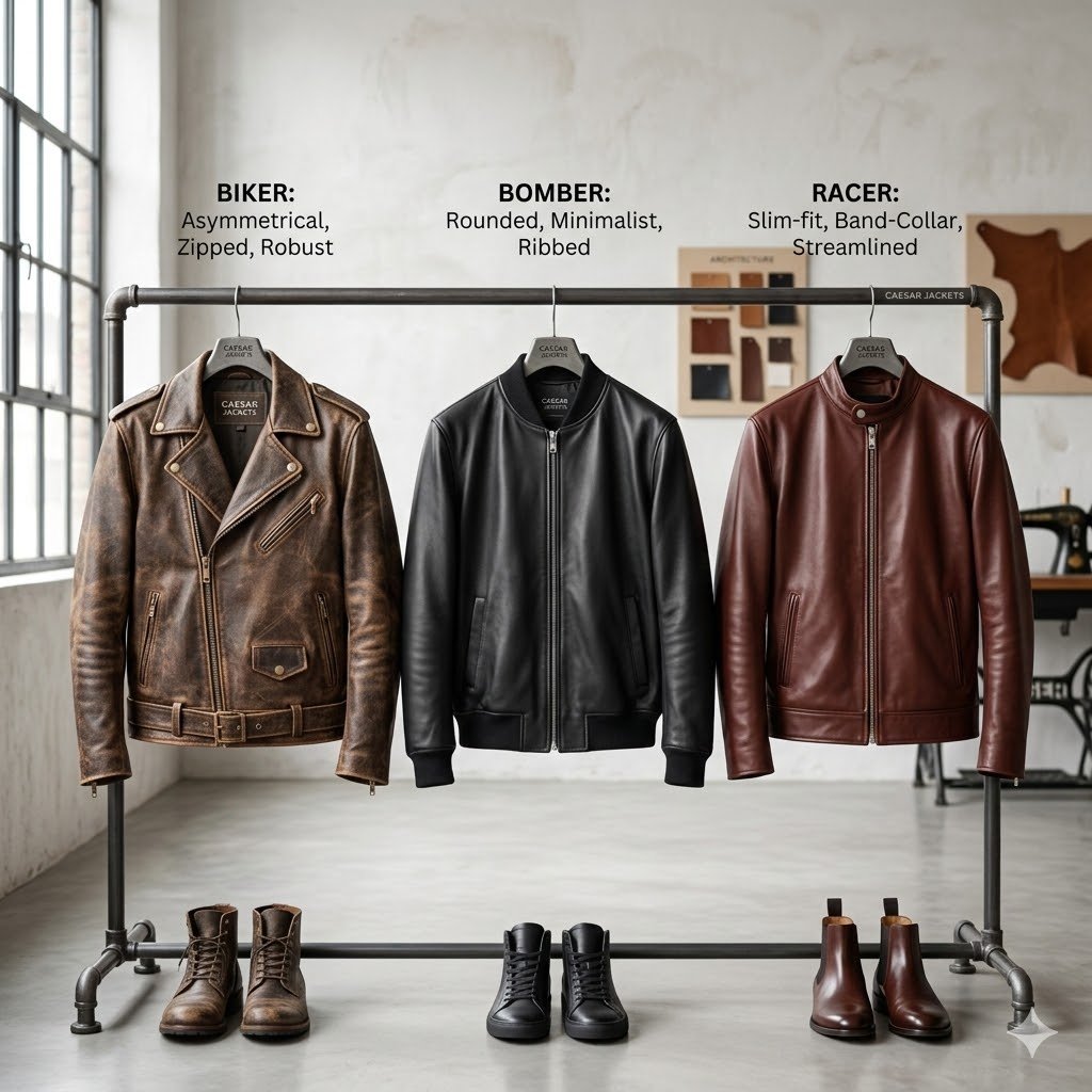 Classic leather jacket styles comparison: Biker, Bomber, and Racer silhouettes