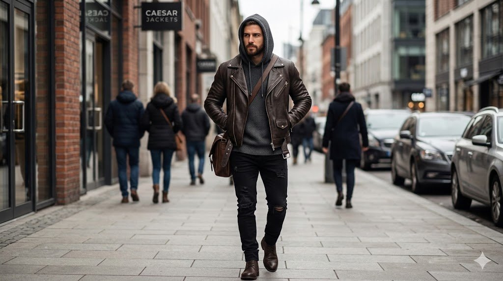 Men's leather jacket with hoodie outfit for a modern street style look