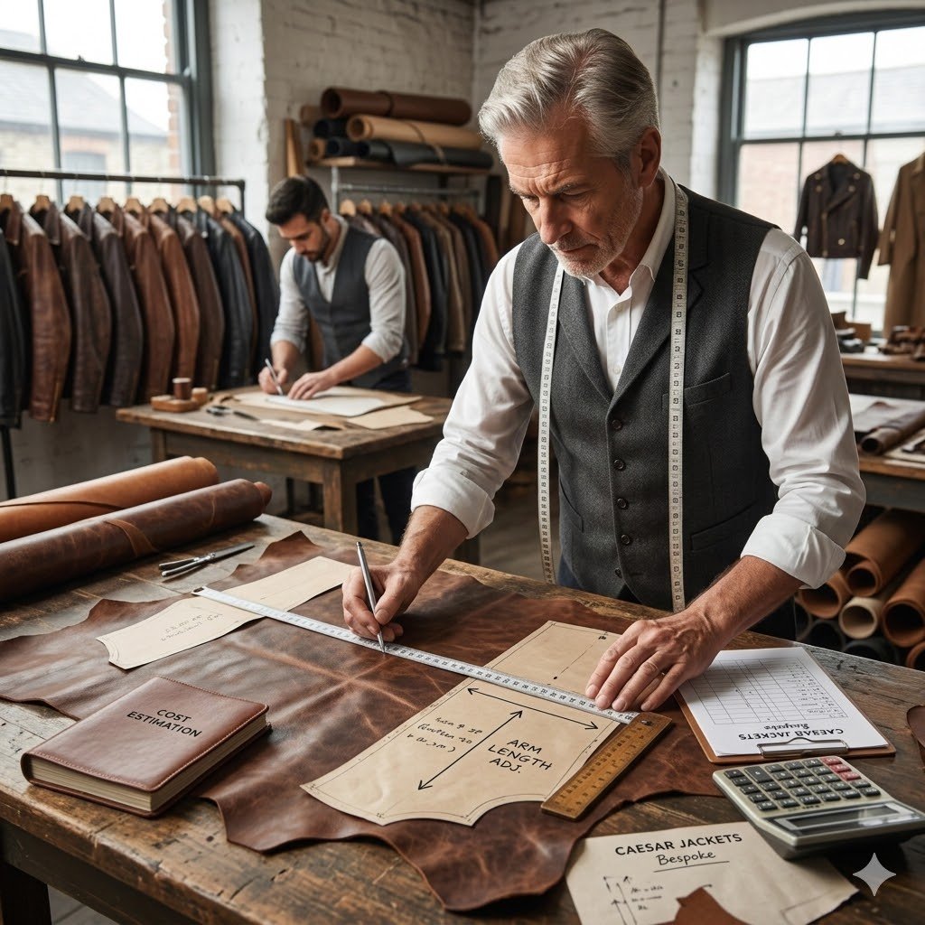 Professional tailor measuring premium hide to calculate made to measure leather jacket cost and pattern adjustments