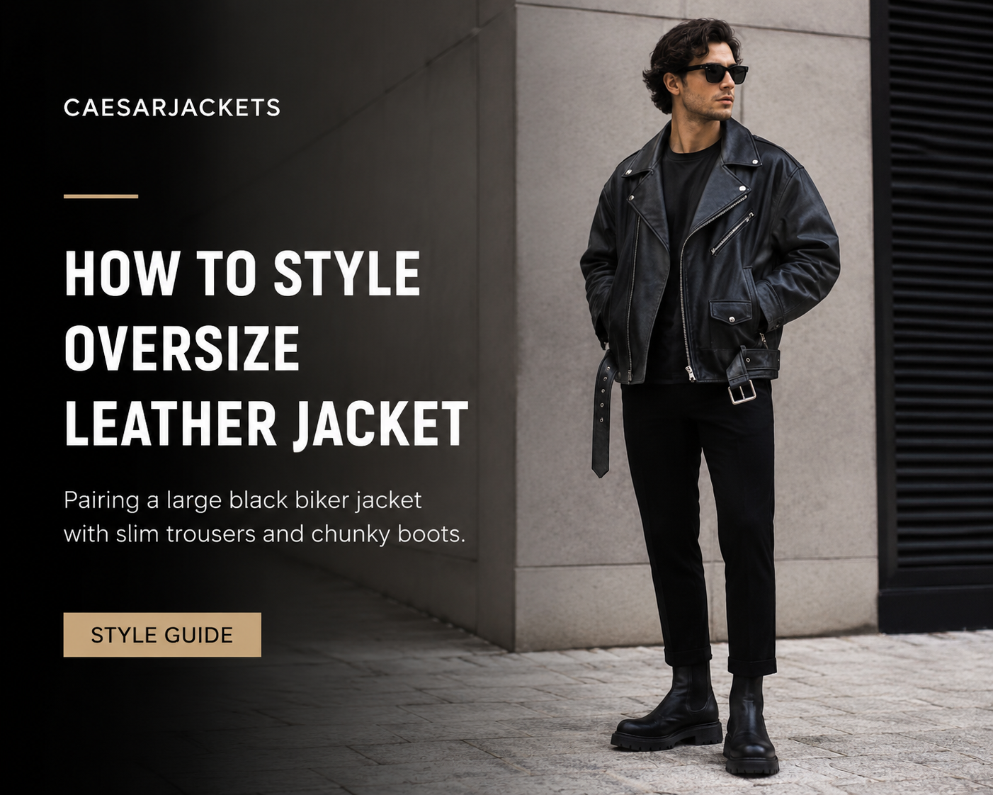 A professional model demonstrating how to style oversize leather jacket by pairing a large black biker jacket with slim trousers and chunky boots