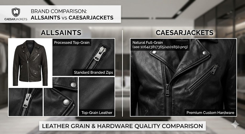 Side-by-side brand comparison of AllSaints vs CaesarJackets showing leather grain and hardware quality