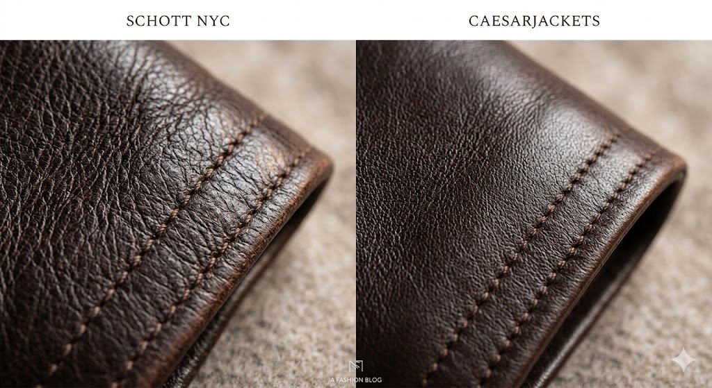 Macro quality comparison of Schott NYC vs CaesarJackets showing leather grain and stitching precision