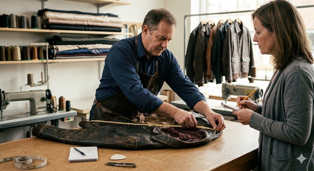 A professional tailor measuring the interior of a vintage biker jacket to calculate the leather jacket lining replacement cost