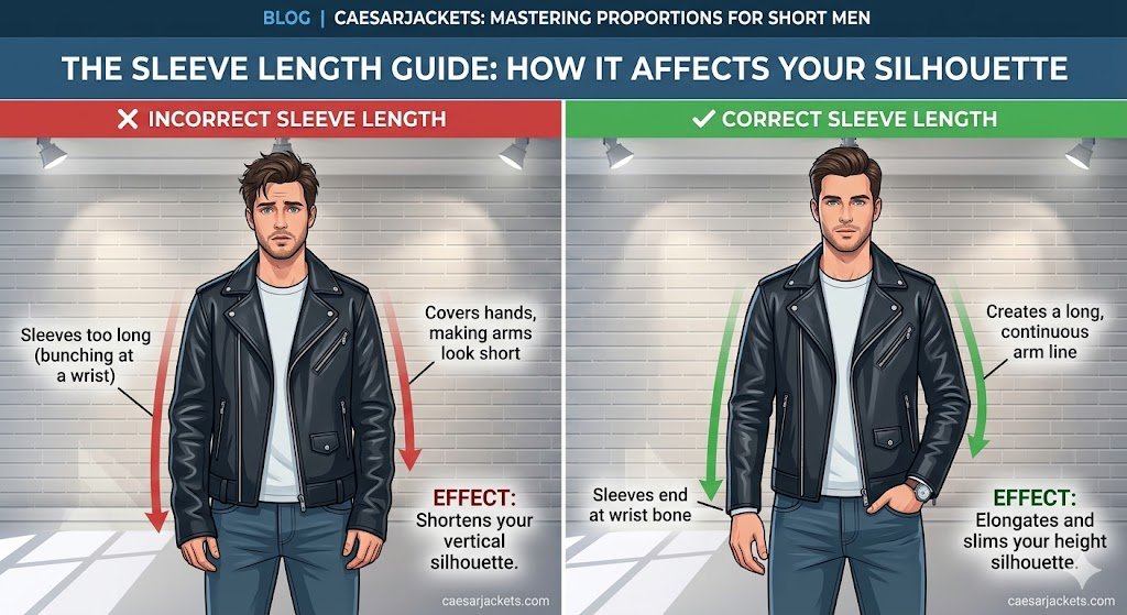 Visual comparison of incorrect vs correct leather jacket sleeve length for short men to improve height silhouette