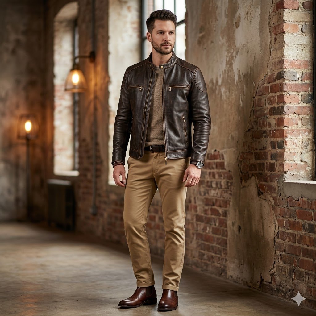 Man demonstrating a sophisticated leather jacket with khaki pants outfit for a rugged business casual aesthetic