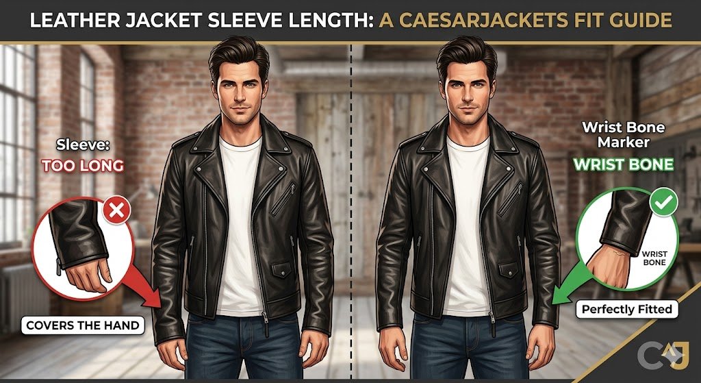 Visual guide showing how to identify and fix a leather jacket sleeve length too long for a better fit