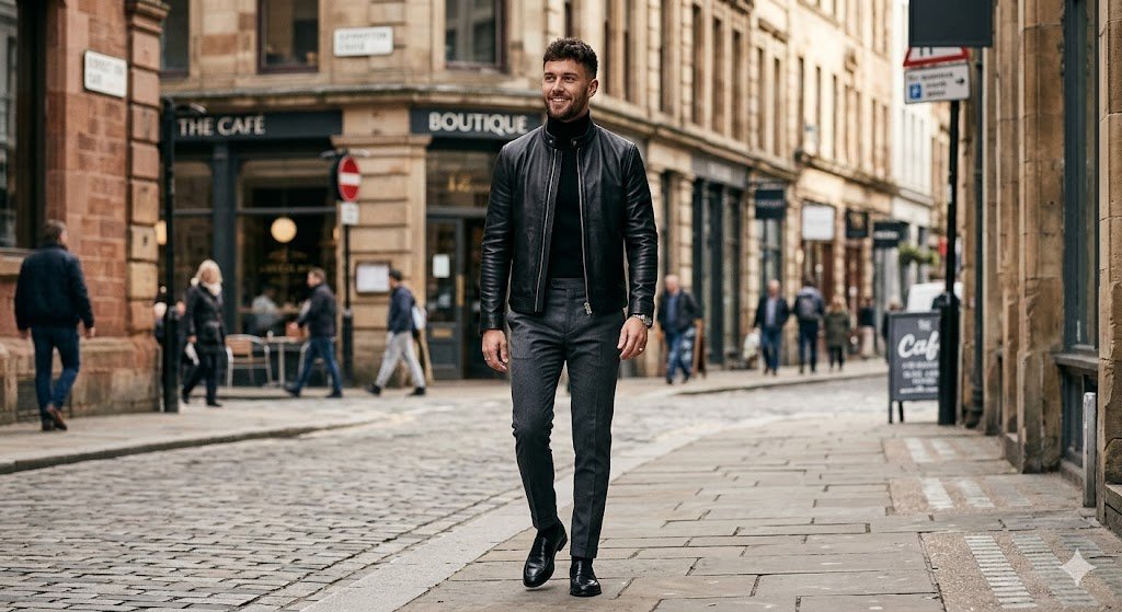 Professional styling of a leather jacket with suit pants showing a modern high-low formal aesthetic